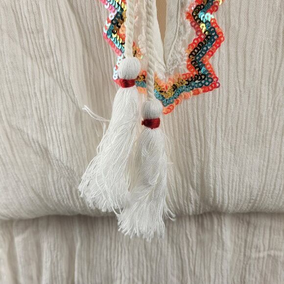 NEW POL Small Off-White Crinkled Cotton Blouse Embroidered Tie Tassels BOHO - Picture 14 of 15